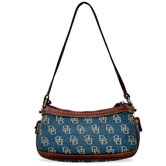 Dooney & Bourke Denim Monogram Mini Shoulder Bag Top Zip Blue Brown Leather Y2K - Picture 2 of 16